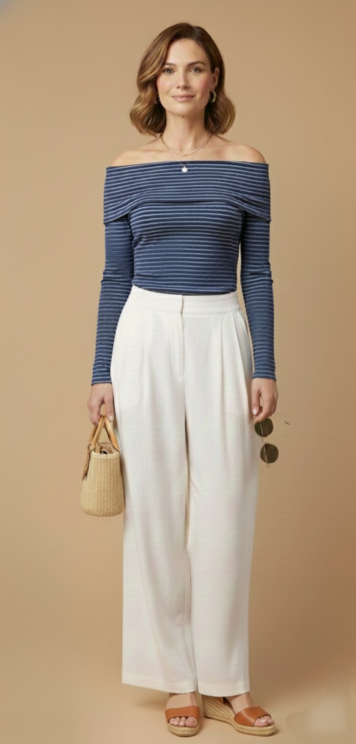 Blusa de Punto a Rayas con Escote Descubierto