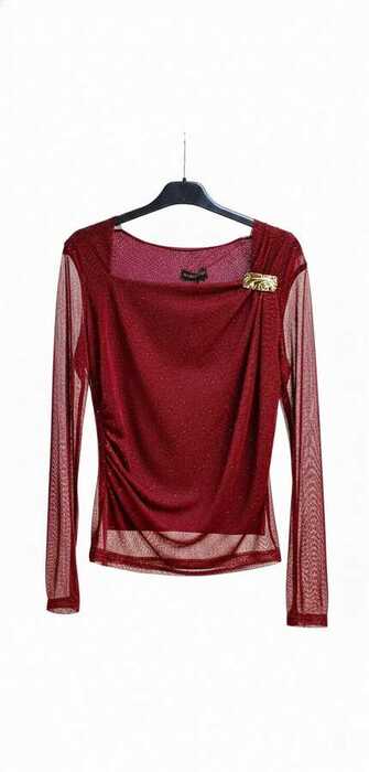 Blusa elegante con mangas transparentes en tela brillante y delicado broche dorado lateral - Imagen 2